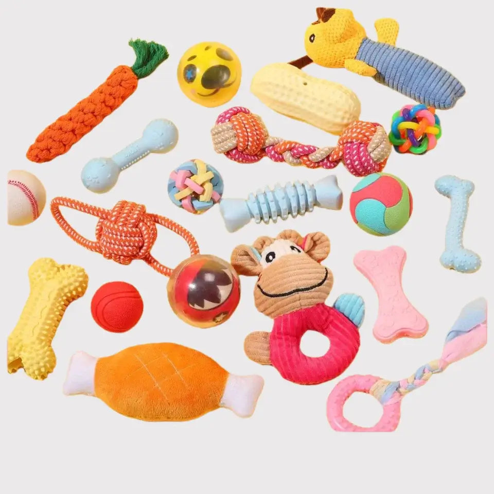 Pet toy mystery box with assorted plush and chew toys by Pawful Moments