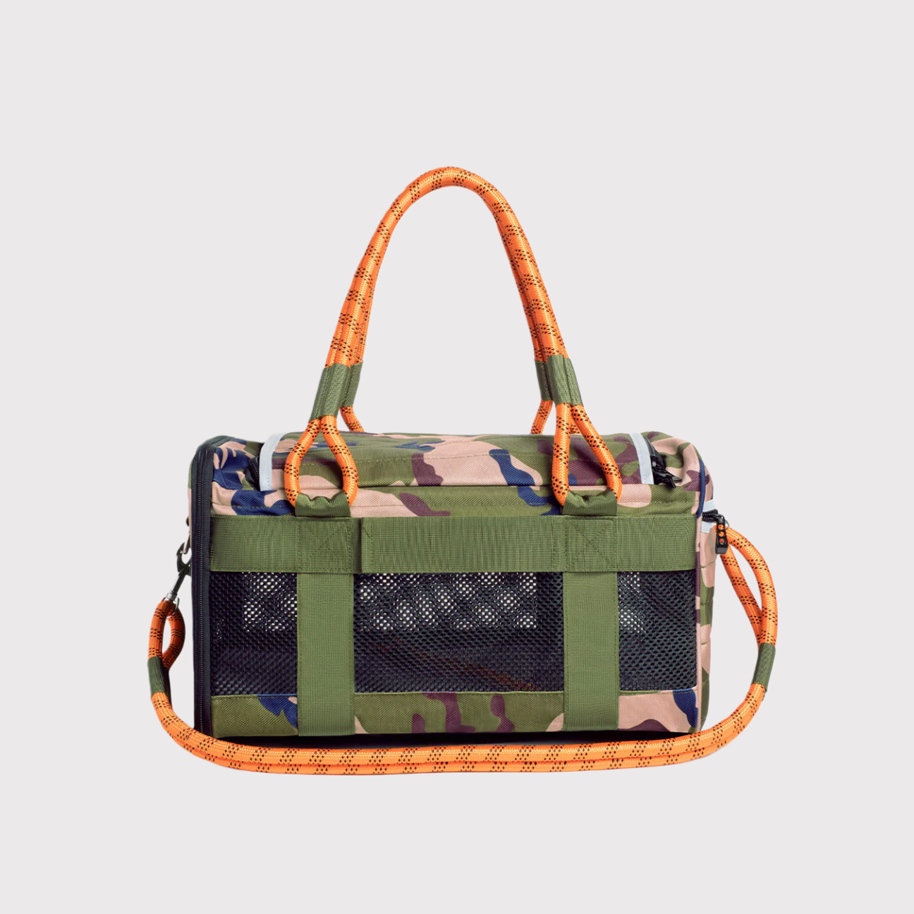 Camouflage pet travel carrier bag with mesh panel and rope handles by Pawful Moments