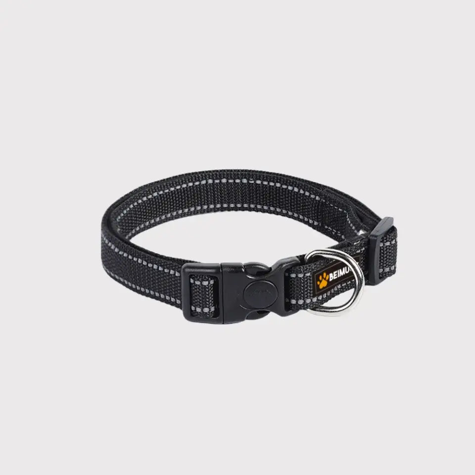 Black reflective nylon pet collar with adjustable strap and D-ring by Pawful Moments
