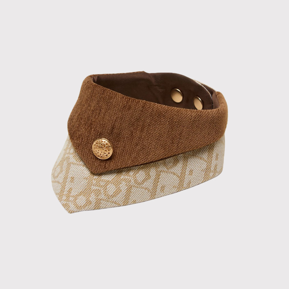 Elegant reversible pet bandana with brown corduroy and golden pattern for dogs and cats