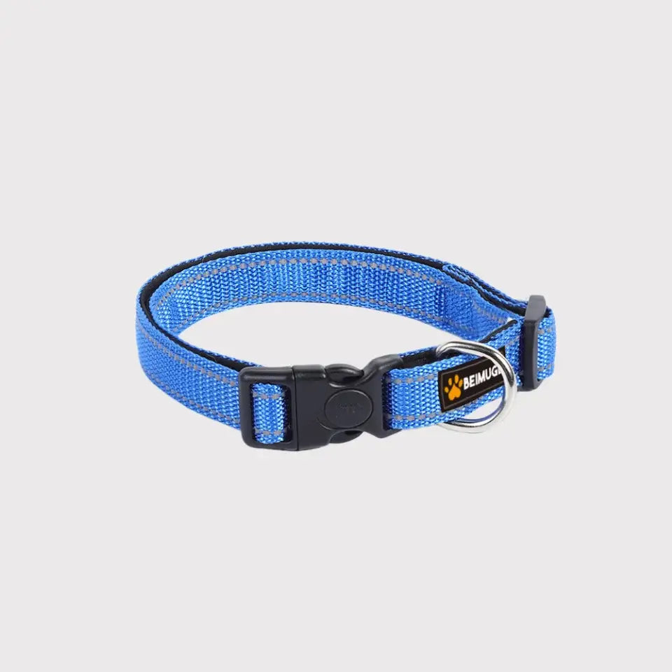 Blue reflective nylon pet collar with adjustable strap and D-ring by Pawful Moments