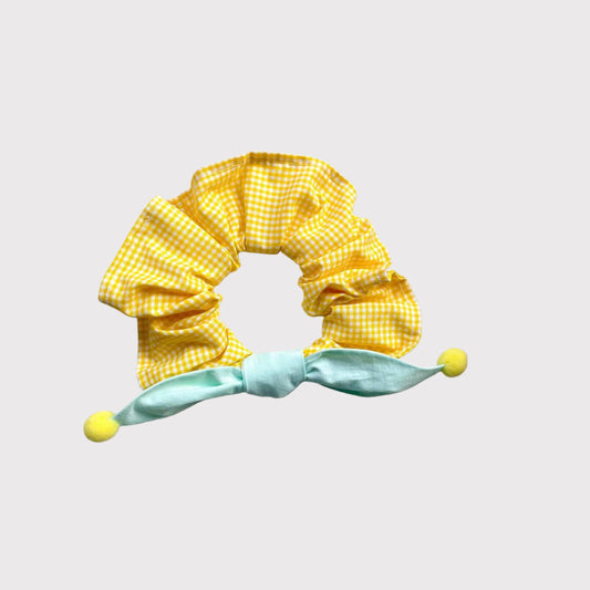 Pawful Moments adorable yellow gingham pet bowtie bandana with green bowtie and pink pom-poms for dogs and cats